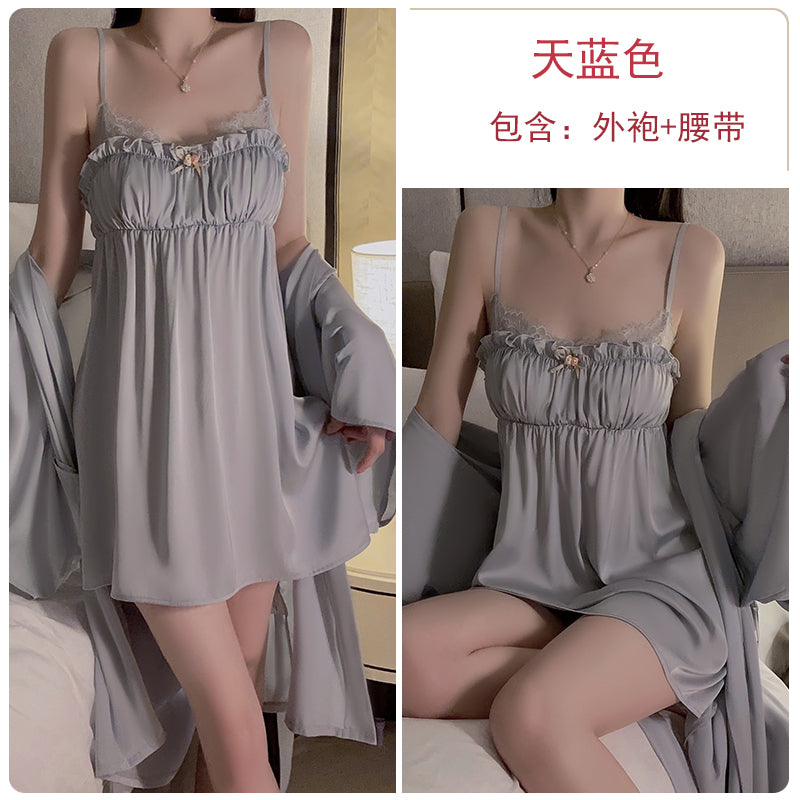 French pure lust style pajamas for women summer ice silk sweet lace with breast pads gathered sexy suspender nightgown home clothes