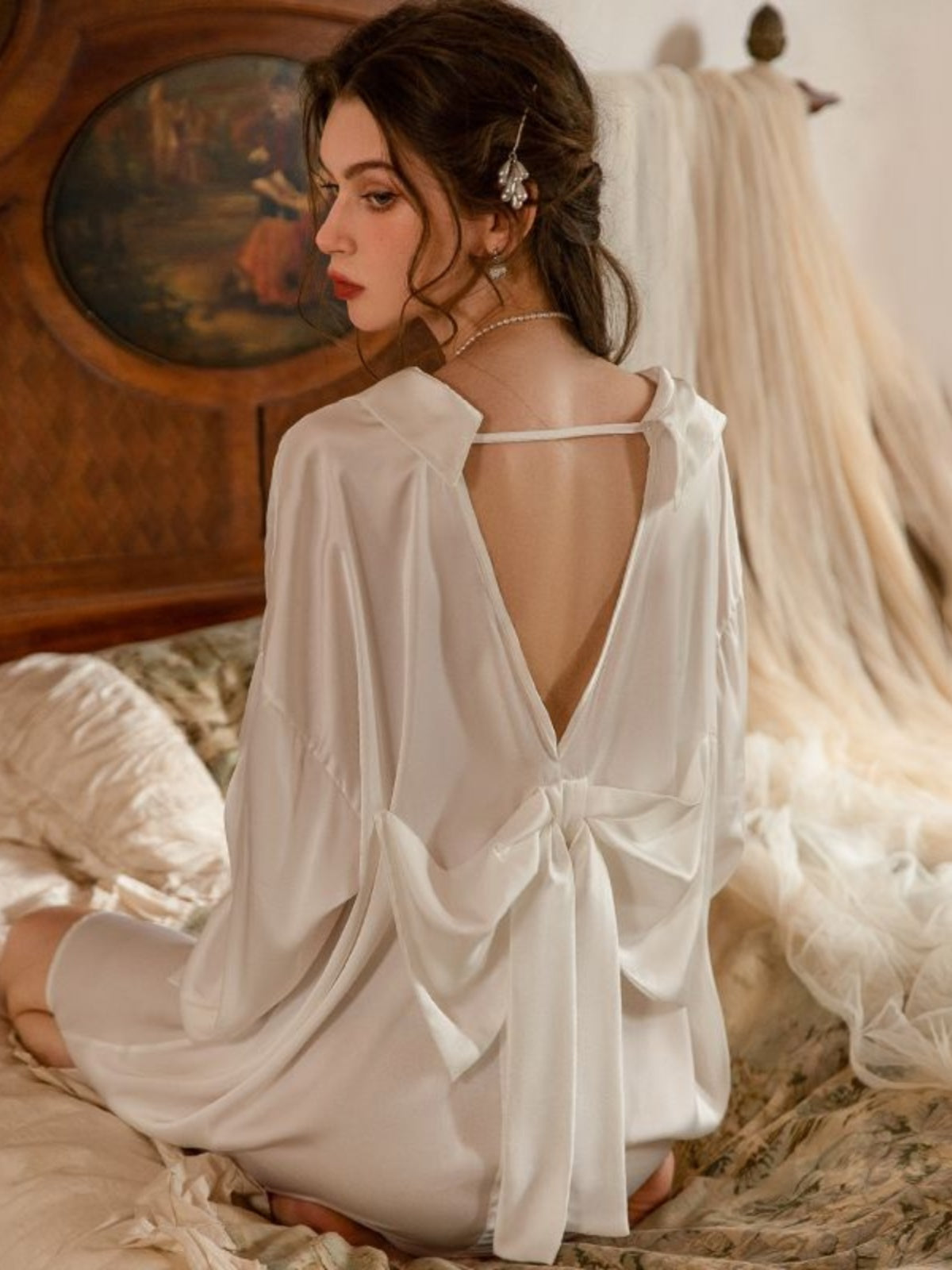 High-grade spring and autumn boyfriend style white shirt dress pure desire backless bow ice silk nightdress sexy pajamas women