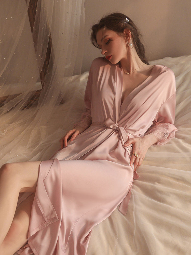 Luxurious Red Satin Robe with Lace Detailing – Elegant Sleepwear