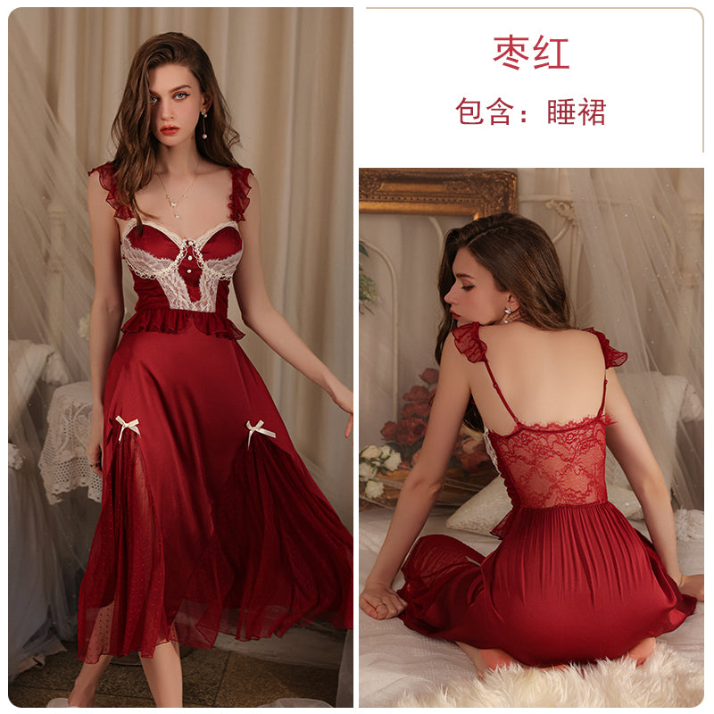 Pure lust style pajamas, feminine sheer long skirt, summer ice silk retro Gong Yan princess style sweet nightgown, home clothes