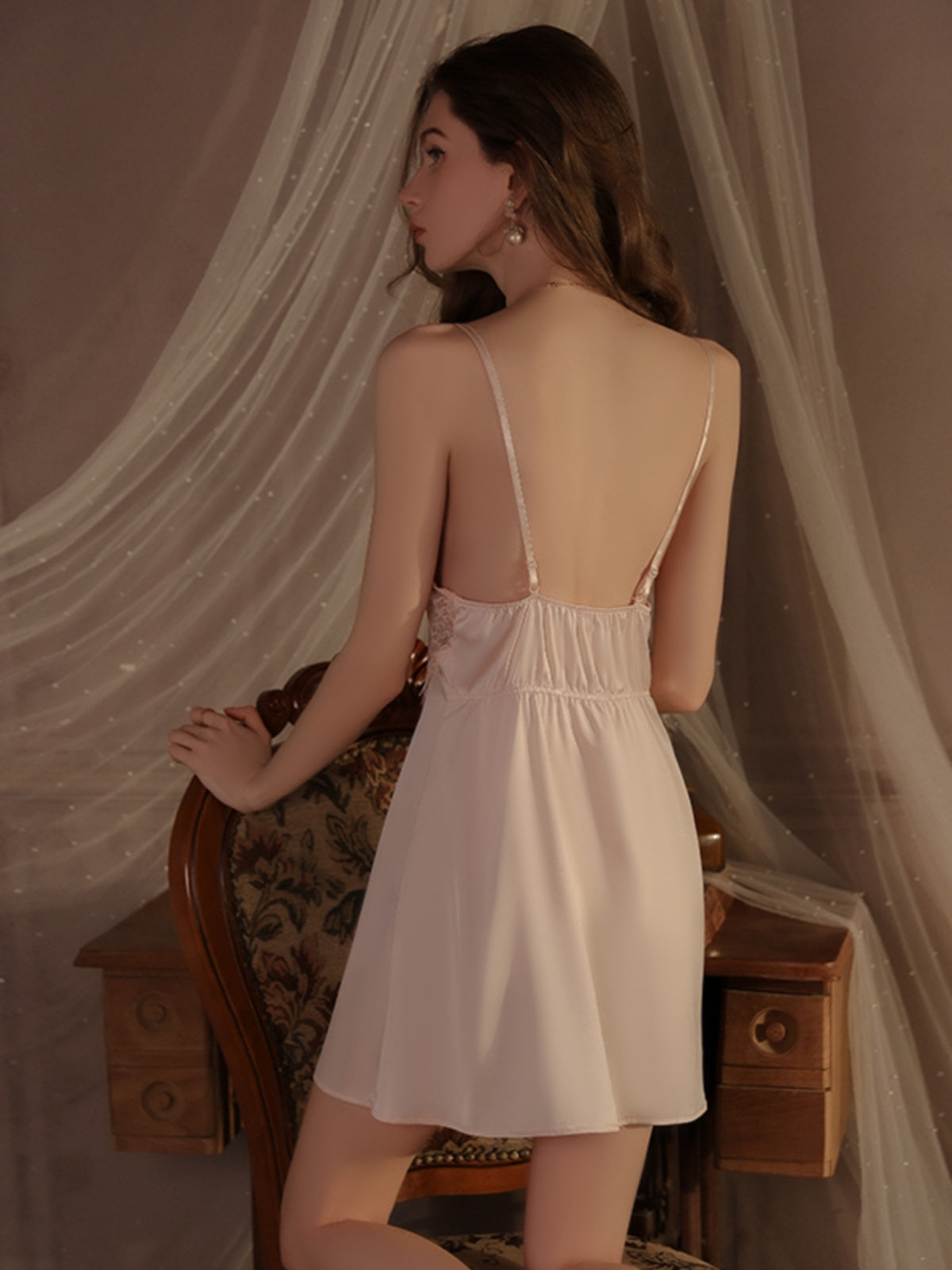 Summer new ice silk pajamas female lace temptation with chest pad gathered suspenders nightdress outer robe home clothes