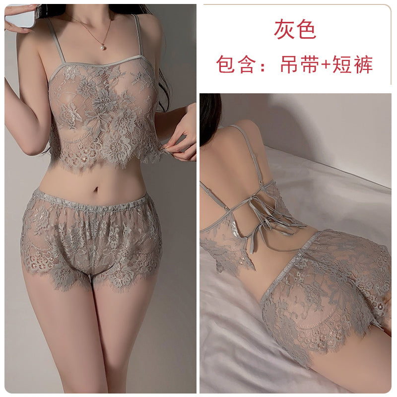 Summer Allure: Erotic and Sexy Backless Lace Pajama Set with Floral Patterns - Strappy Camisole and Shorts for a Pure - Desire Vibe