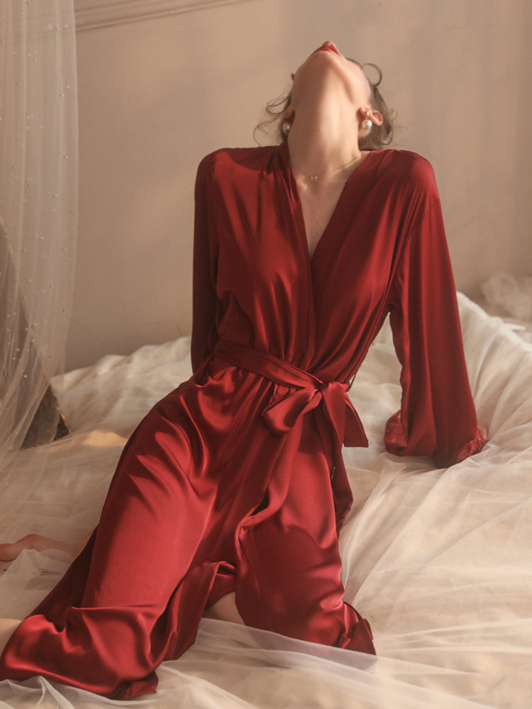 Luxurious Red Satin Robe with Lace Detailing – Elegant Sleepwear