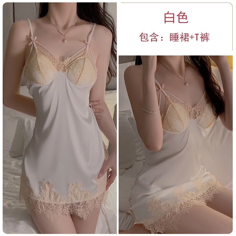 Sexy pajamas for women summer new style with breast pads gathered pure lust sweet lace hollow ice silk solid color suspender nightgown