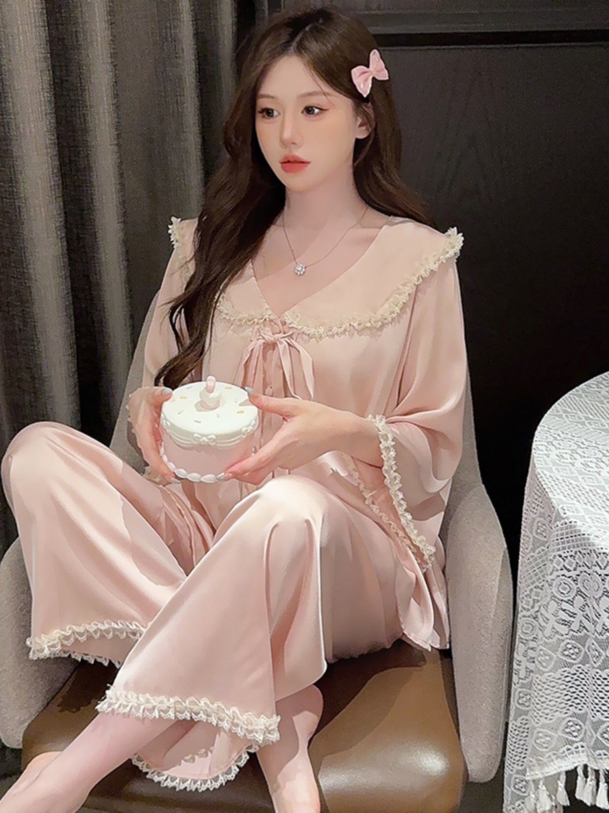 Pure desire style pajamas for women spring and autumn new style ice silk long-sleeved home clothes sweet lace palace style suit