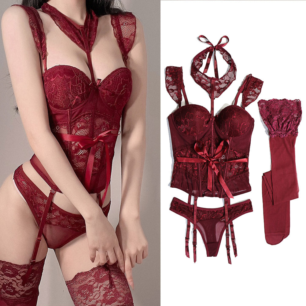Gothic Elegance Unleashed Exquisite Burgundy Lace Lingerie Set with Suspenders and Detachable Accessories Sexy lingerie