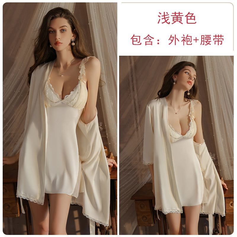 legant and Alluring: Lavender Satin and Lace Nightdress Set with Detachable Robe for a Dreamy Sleepwear Experience