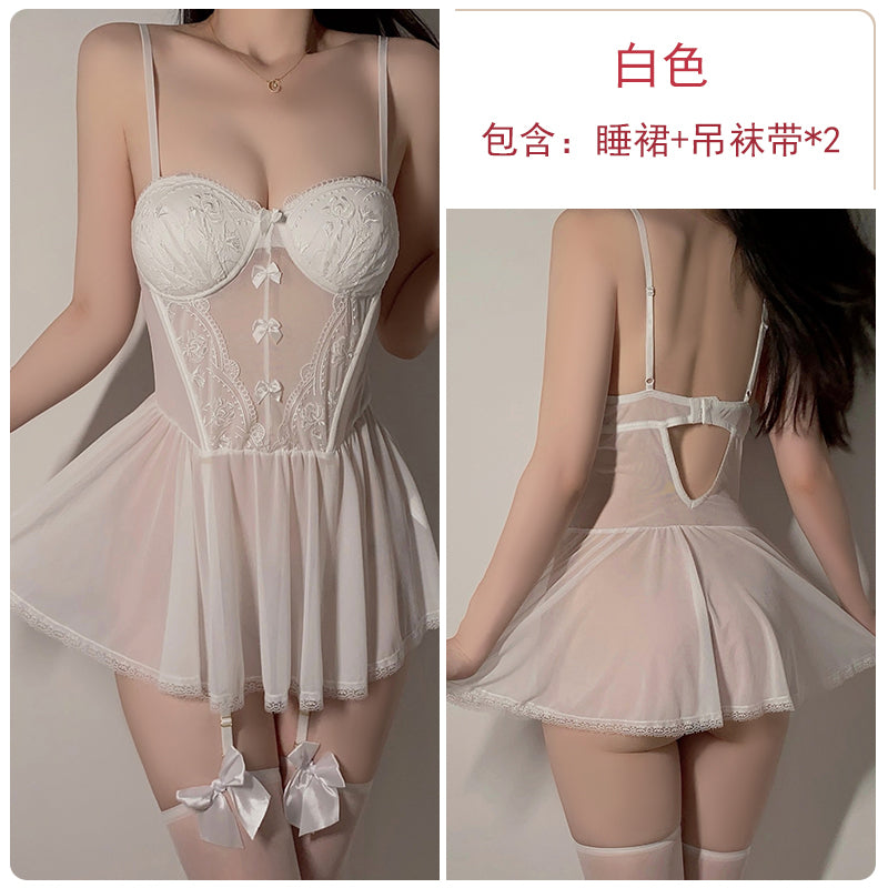 Sexy underwear, low-cut see-through mesh pajamas for women, spring and summer sexy lace push-up nightgown with breast pads and suspenders