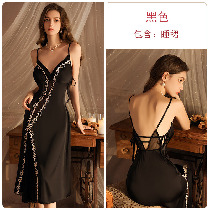 Light luxury long ice silk pajamas, feminine backless lace-up suspender nightgown, spring and summer style home wear set with breast pads