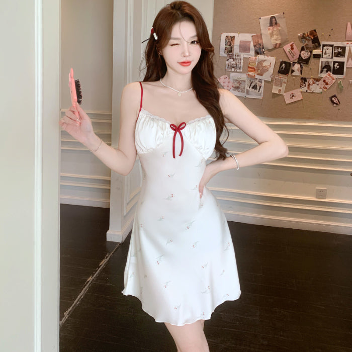 New summer hollow sling pajamas female pure desire style girl vacation sweet floral ice silk nightdress