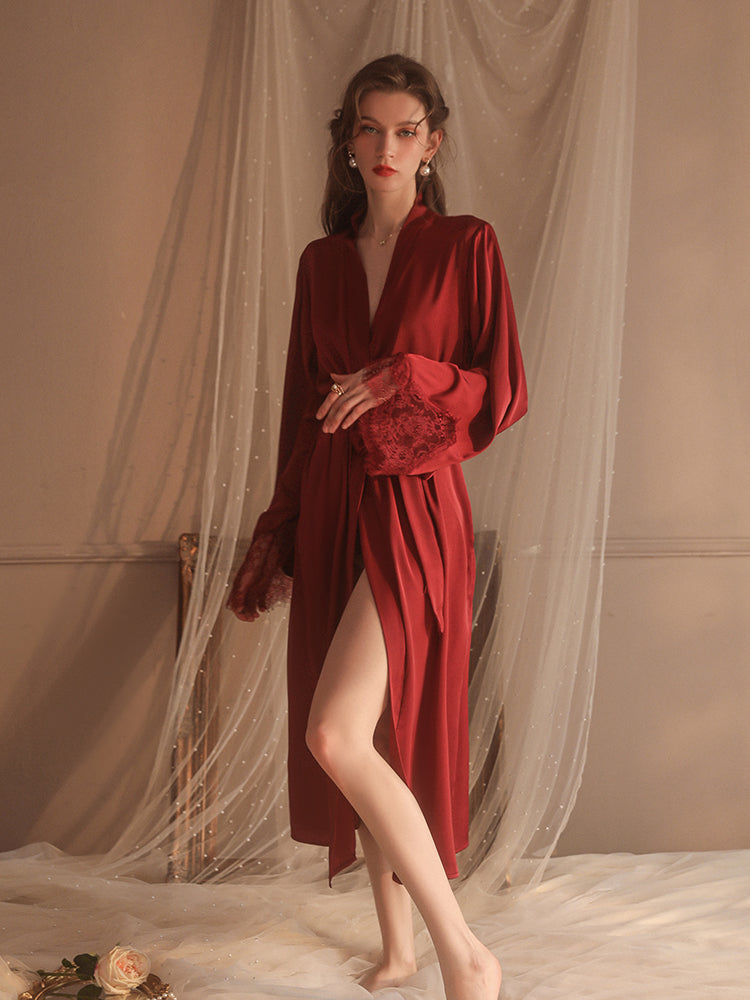 Luxurious Red Satin Robe with Lace Detailing – Elegant Sleepwear