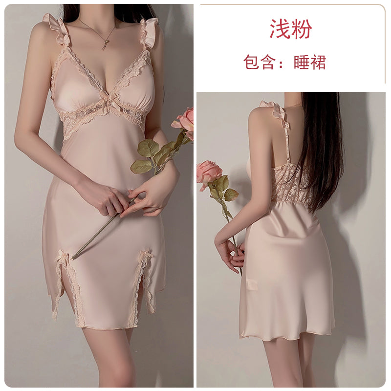 New summer pajamas, feminine lace with chest pads, gathered ice silk suspenders, nightgown, home wear suit, spring and autumn