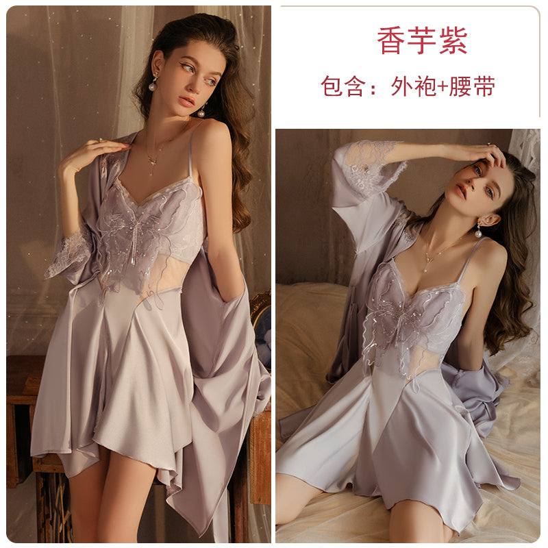 Sexy pajamas for women low-cut gathered with chest pads backless ice silk large size suspenders nightdress outer robe home clothes spring and summer