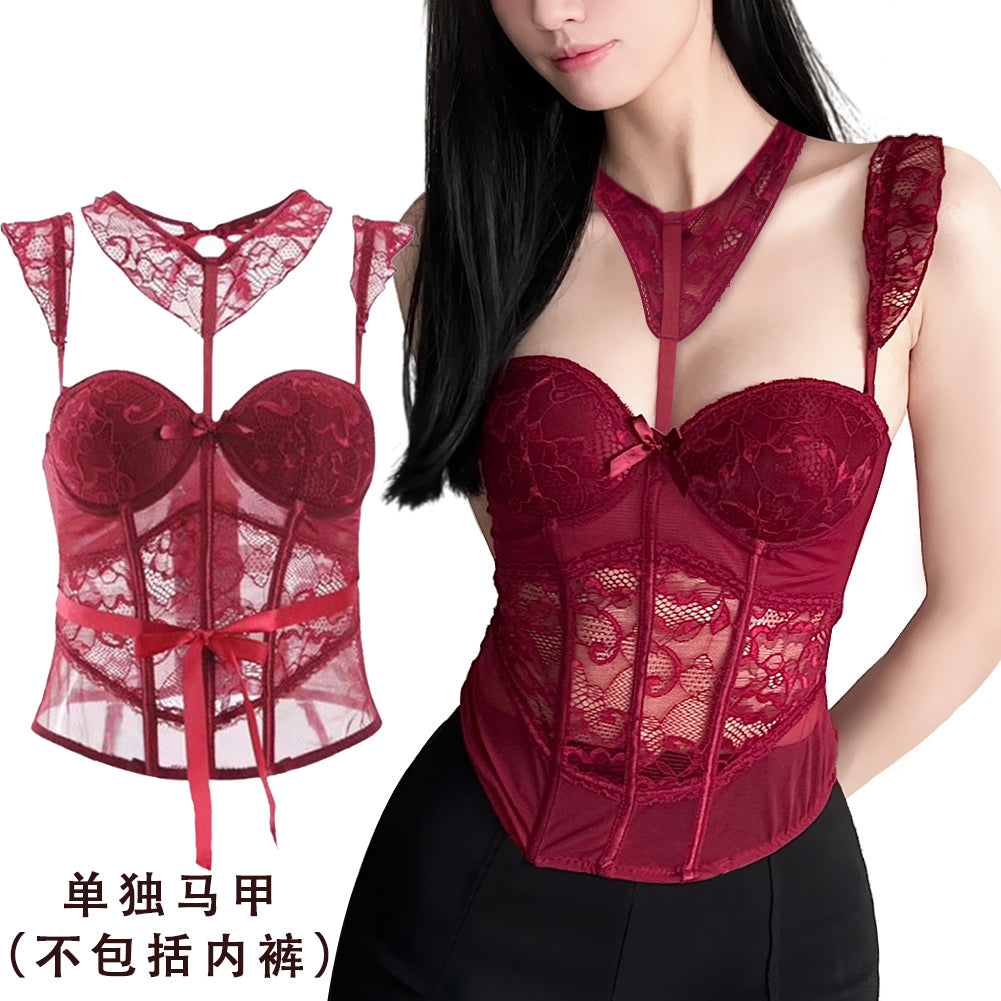 Gothic Elegance Unleashed Exquisite Burgundy Lace Lingerie Set with Suspenders and Detachable Accessories Sexy lingerie