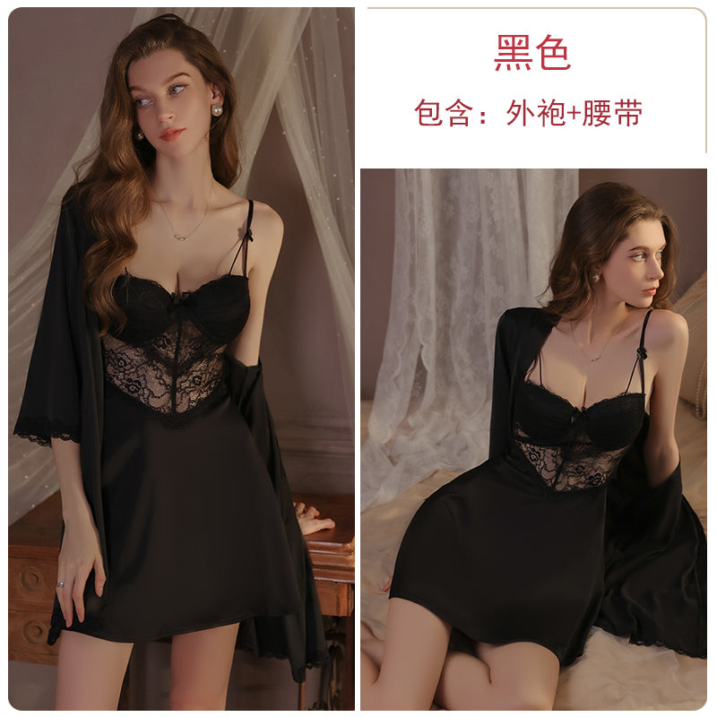 Summer new ice silk pajamas female lace temptation with chest pad gathered suspenders nightdress outer robe home clothes