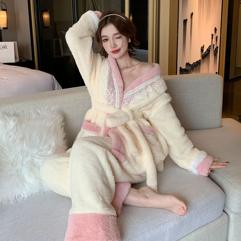 Charming and Warm Cream - Colored and Pink - Trimmed Plush Bathrobe with Delicate Lace Embellishments