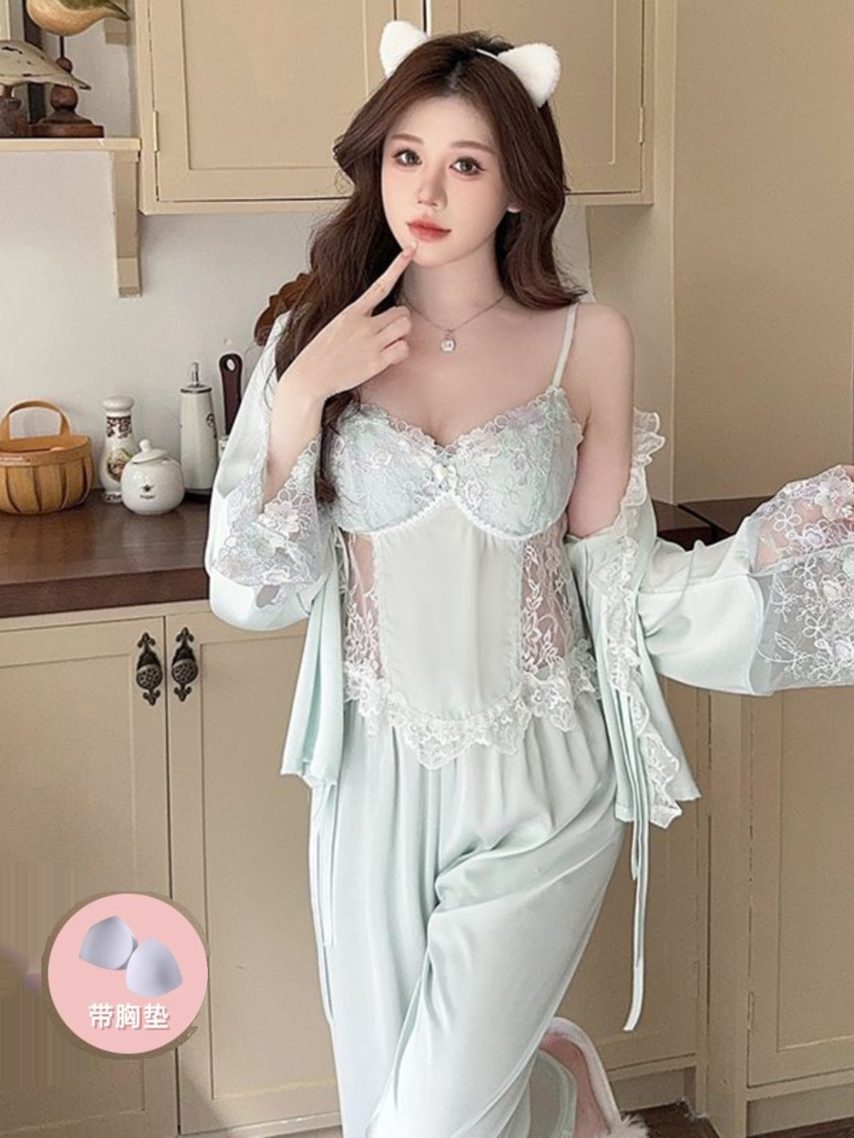 Ice silk sexy pajamas for women in spring and summer pure desire style lace sling outer robe three-piece set light luxury high-end home clothes