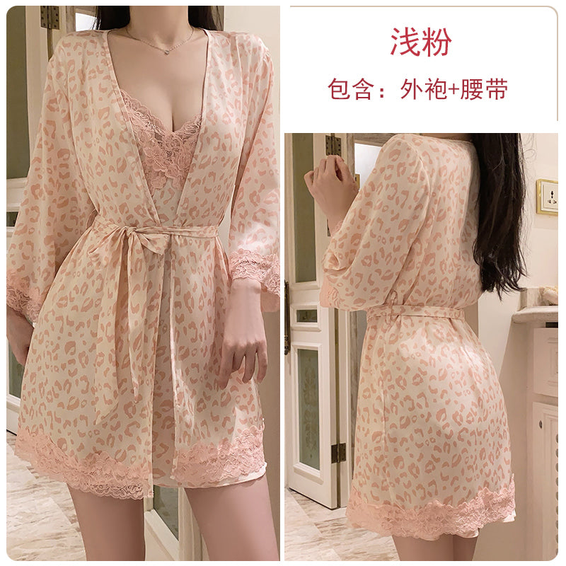 New leopard print pajamas for women, pure desire style, deep V underwear with chest pads, suspenders, nightdress, outer robe, home clothes