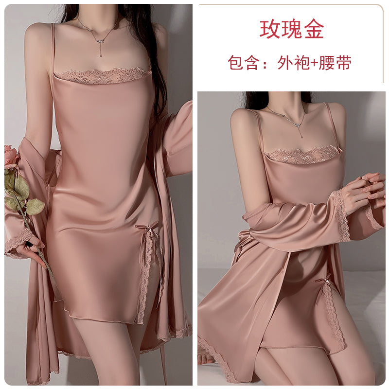 Sexy slit double-layer swing collar lace pajamas women summer French simple outer robe ice silk suspenders nightdress home clothes
