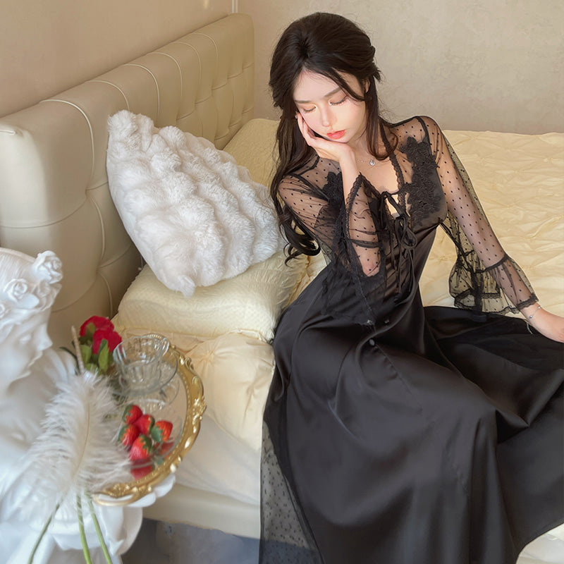 Gong Yanfeng ladies sexy pajamas women spring and autumn new pure lace belt chest pad long sleeve nightdress summer ice silk