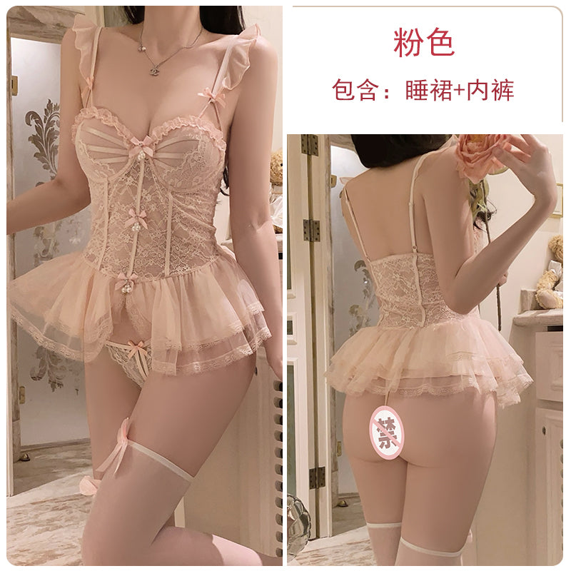 Private sex, pure desire, mesh pajamas, feminine lace underwear, sexy small breasts, gathered steel ring with breast pad set