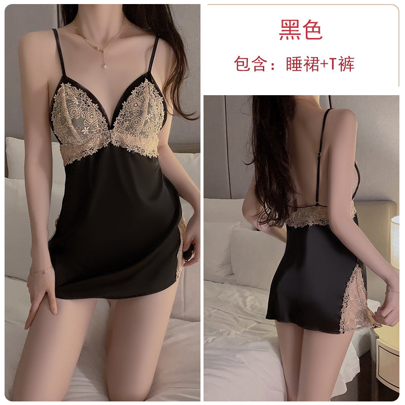 French sexy pajamas for women summer ice silk pure desire backless lace suspender nightgown home wear spring and autumn new style