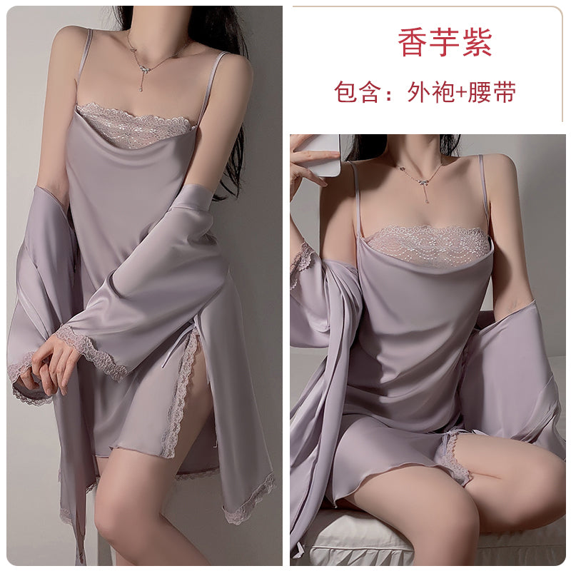 Sexy slit double-layer swing collar lace pajamas women summer French simple outer robe ice silk suspenders nightdress home clothes