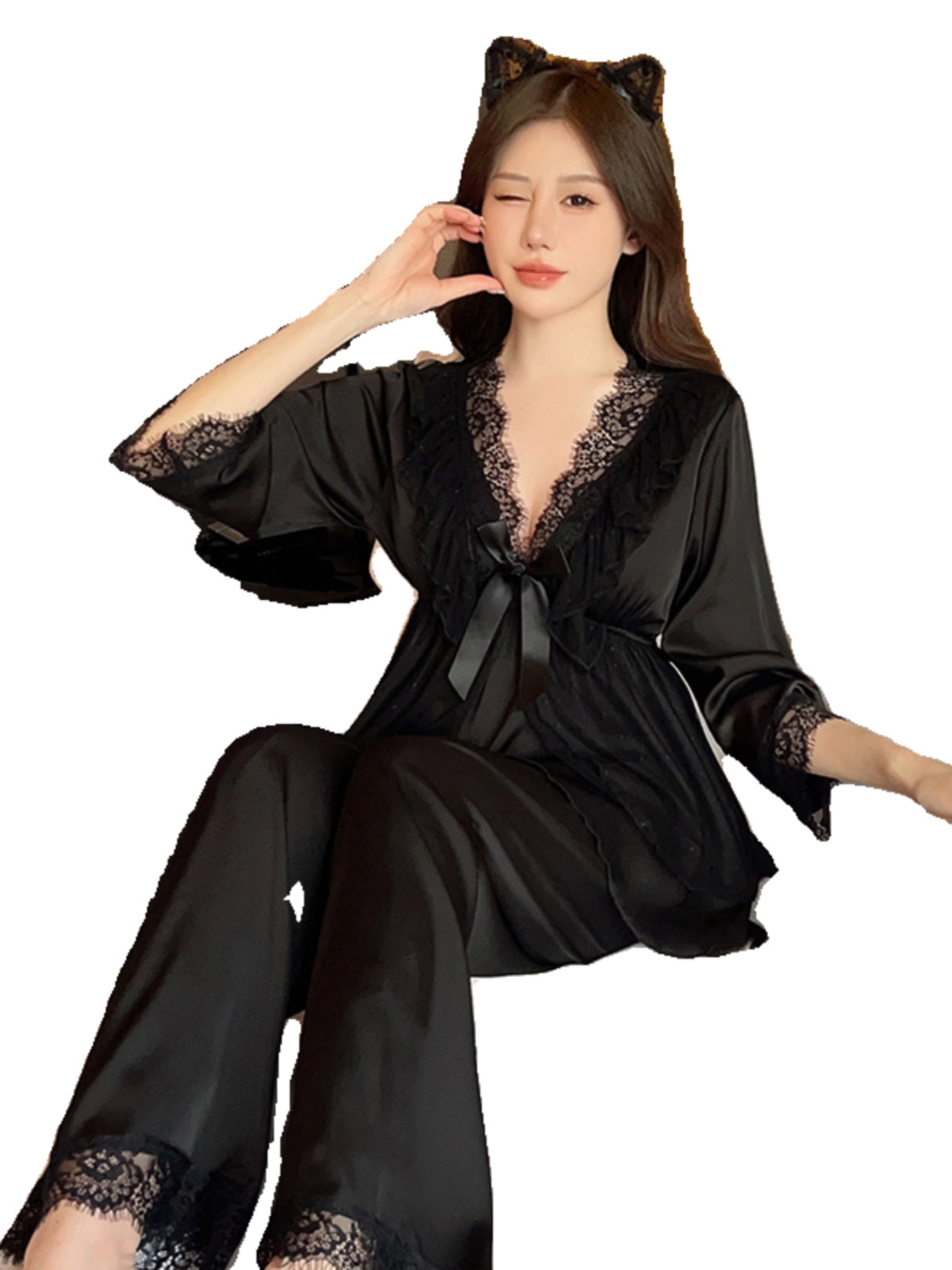 Elegant and Sweet: White Satin Pajama Set with Delicate Lace and Charming Bow Accents