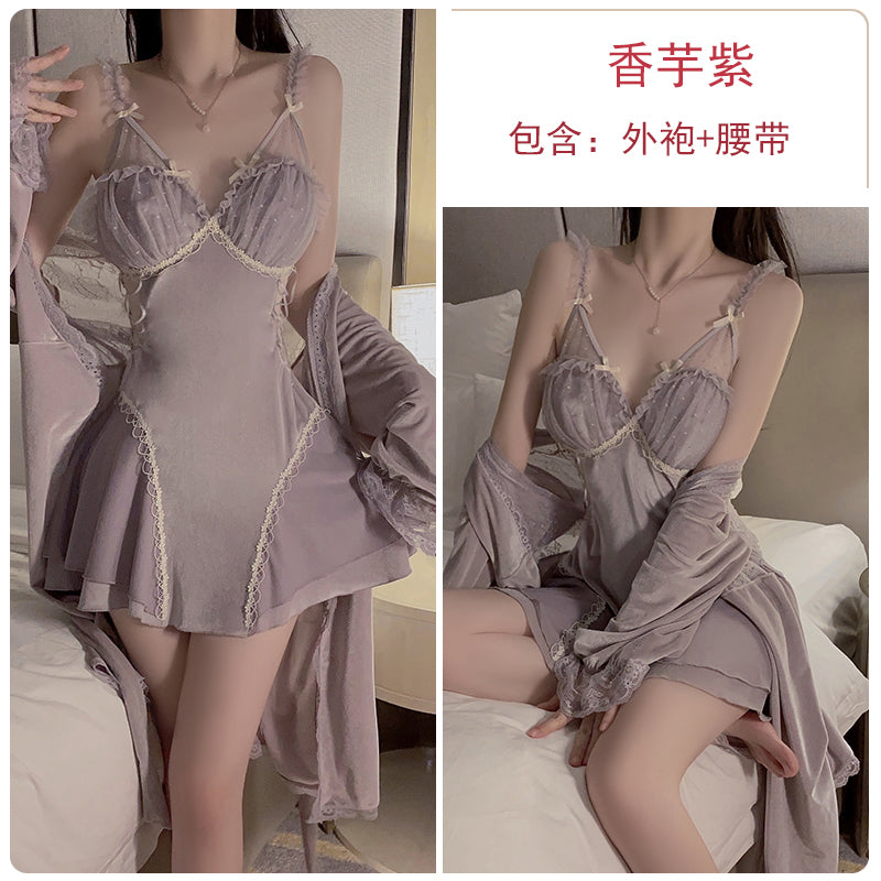 Exquisitely Feminine Ivory Lace - Trimmed Satin Nightdress with Ruffle and Bow Details
