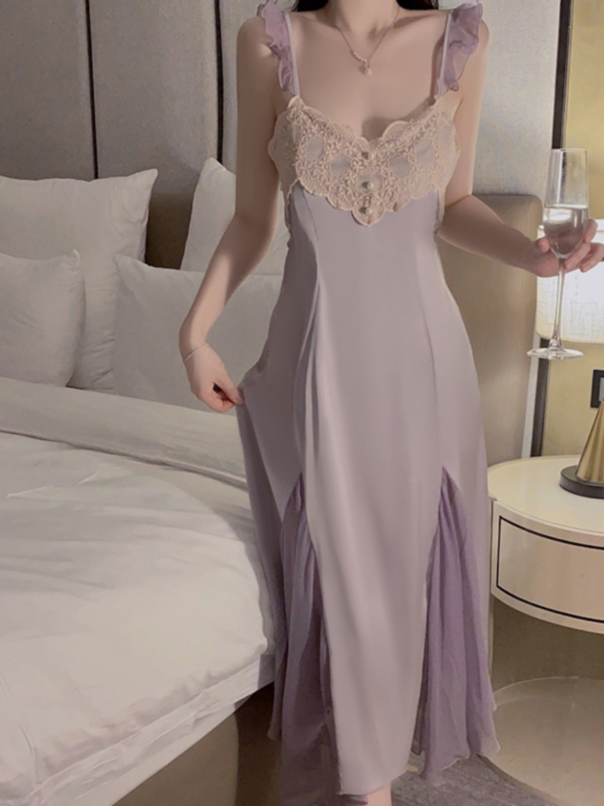 French satin pajamas, feminine lace sheer nightgown with breast pads, slim long suspender dress, home wear