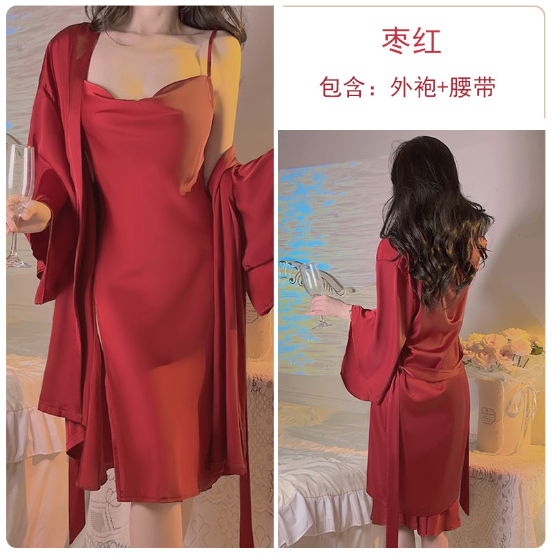 Passionate Allure Sultry Scarlet Satin Cami Nightdress with High - Slit Detail and Coordinating Robe for a Luxurious Loungewear Experience
