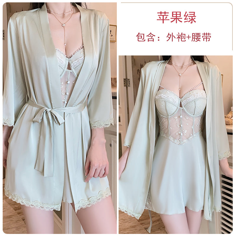 New summer style ice silk pajamas female lace underwear steel ring with chest pad suspenders nightdress home clothes