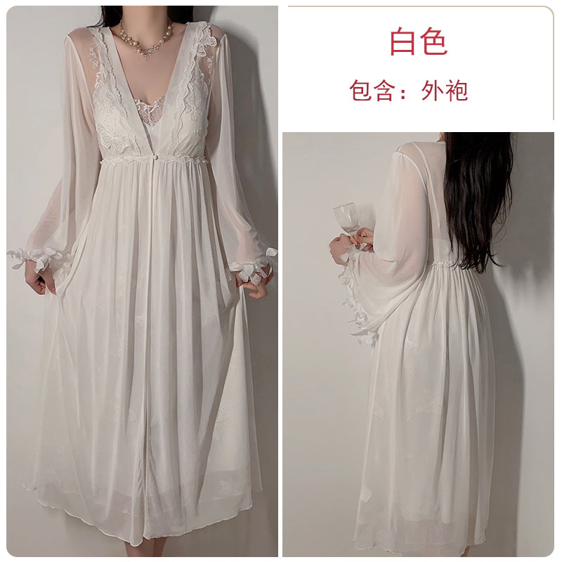 Sexy pajamas for women pure desire mesh temptation with chest pads gathered long suspender nightdress outer robe home clothes spring and summer