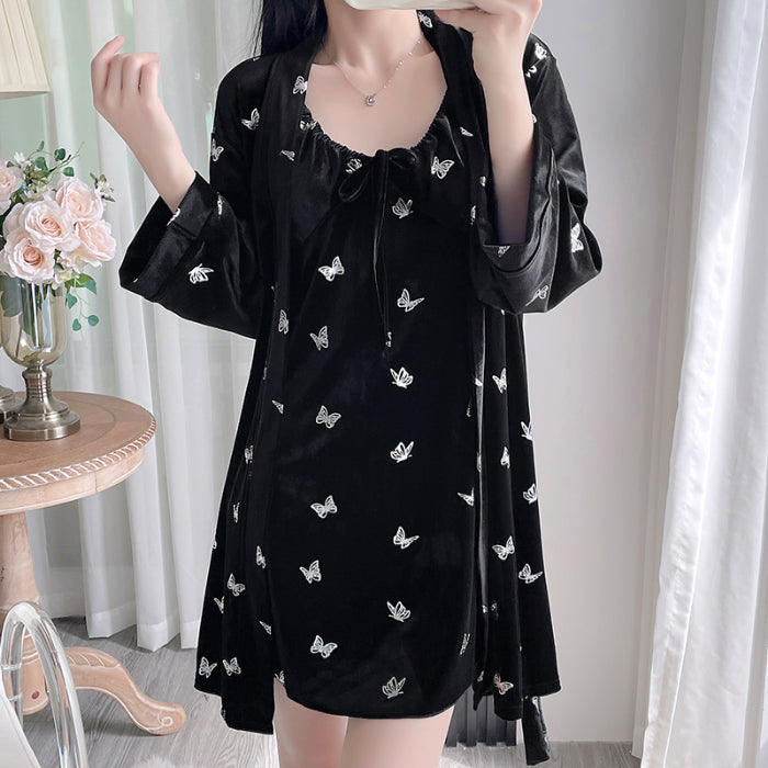 Gold velvet pajamas women autumn and winter sexy hollow hot silver butterfly suspenders chest pad nightdress long-sleeved nightgown home clothes