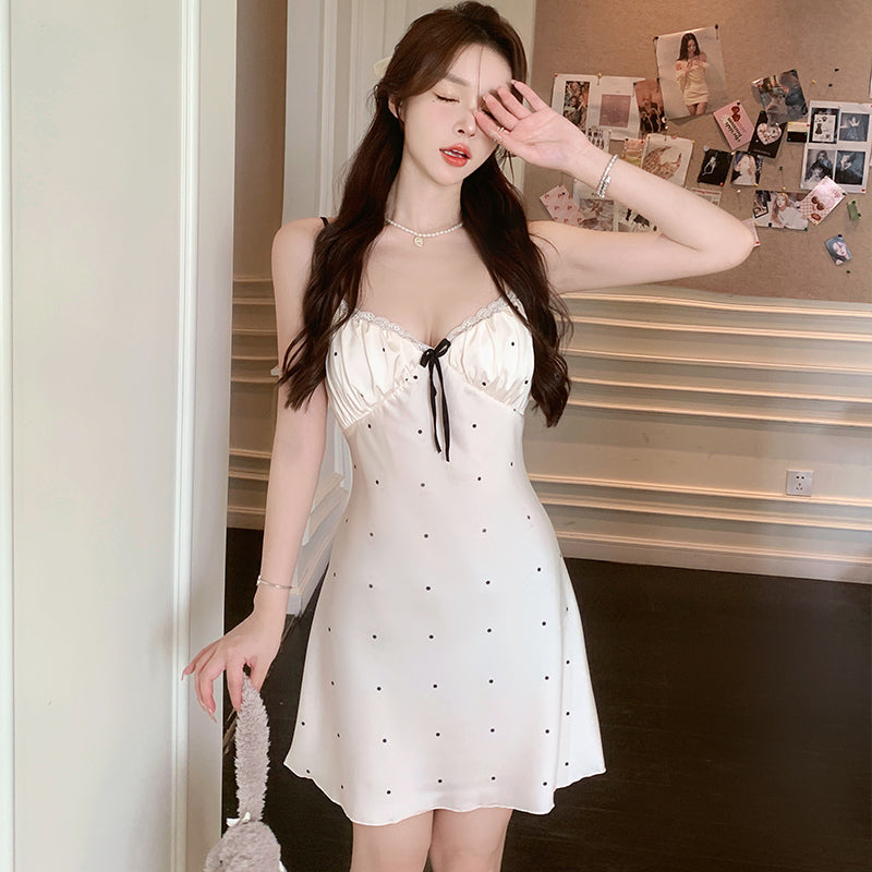 New summer hollow sling pajamas female pure desire style girl vacation sweet floral ice silk nightdress