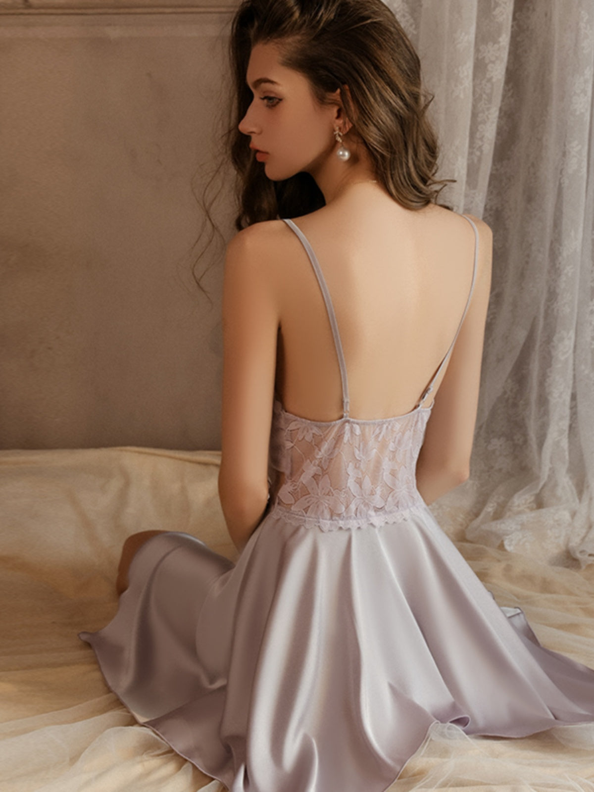 Sexy pajamas for women low-cut gathered with chest pads backless ice silk large size suspenders nightdress outer robe home clothes spring and summer