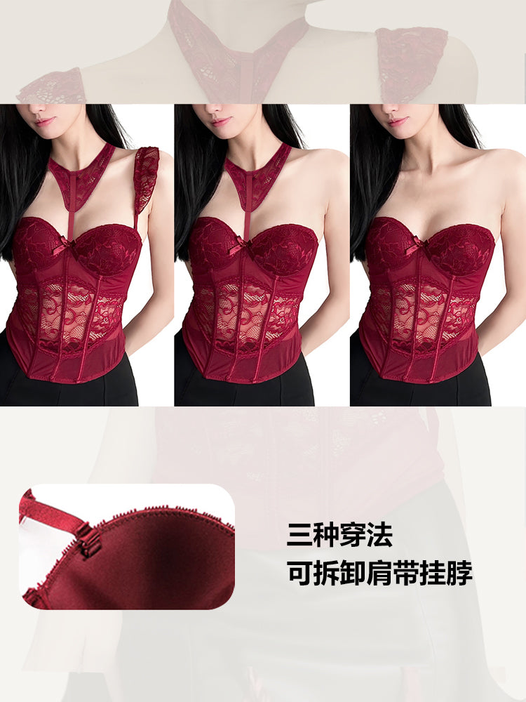 Gothic Elegance Unleashed Exquisite Burgundy Lace Lingerie Set with Suspenders and Detachable Accessories Sexy lingerie