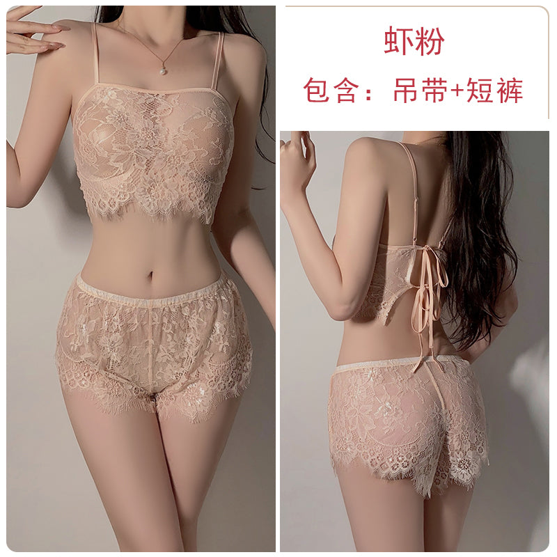 Summer Allure: Erotic and Sexy Backless Lace Pajama Set with Floral Patterns - Strappy Camisole and Shorts for a Pure - Desire Vibe