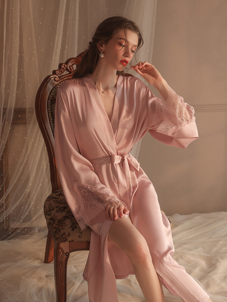 Luxurious Red Satin Robe with Lace Detailing – Elegant Sleepwear
