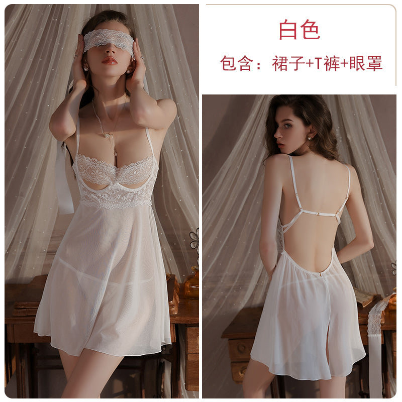 Sexy underwear, sexy see-through mesh lace, hot steel rings, gathered temptation suspender nightgown, home wear pajamas for women