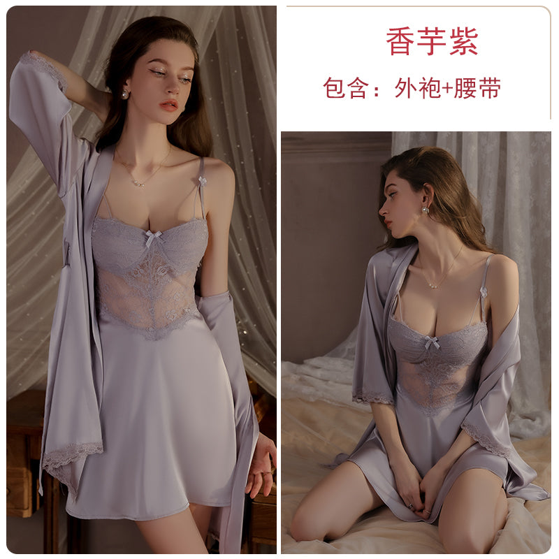Summer new ice silk pajamas female lace temptation with chest pad gathered suspenders nightdress outer robe home clothes