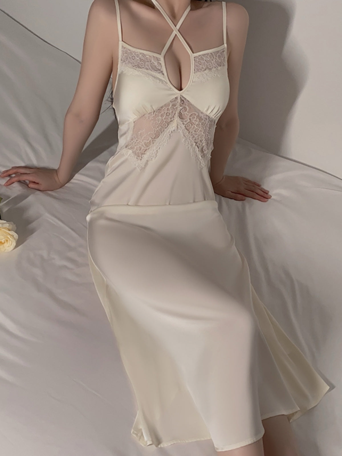 Alluring and Graceful: Flesh - toned Satin Lingerie Dress with Exquisite Lace Inserts, Cross - Halter Design, Paired with a Flowy Long Robe
