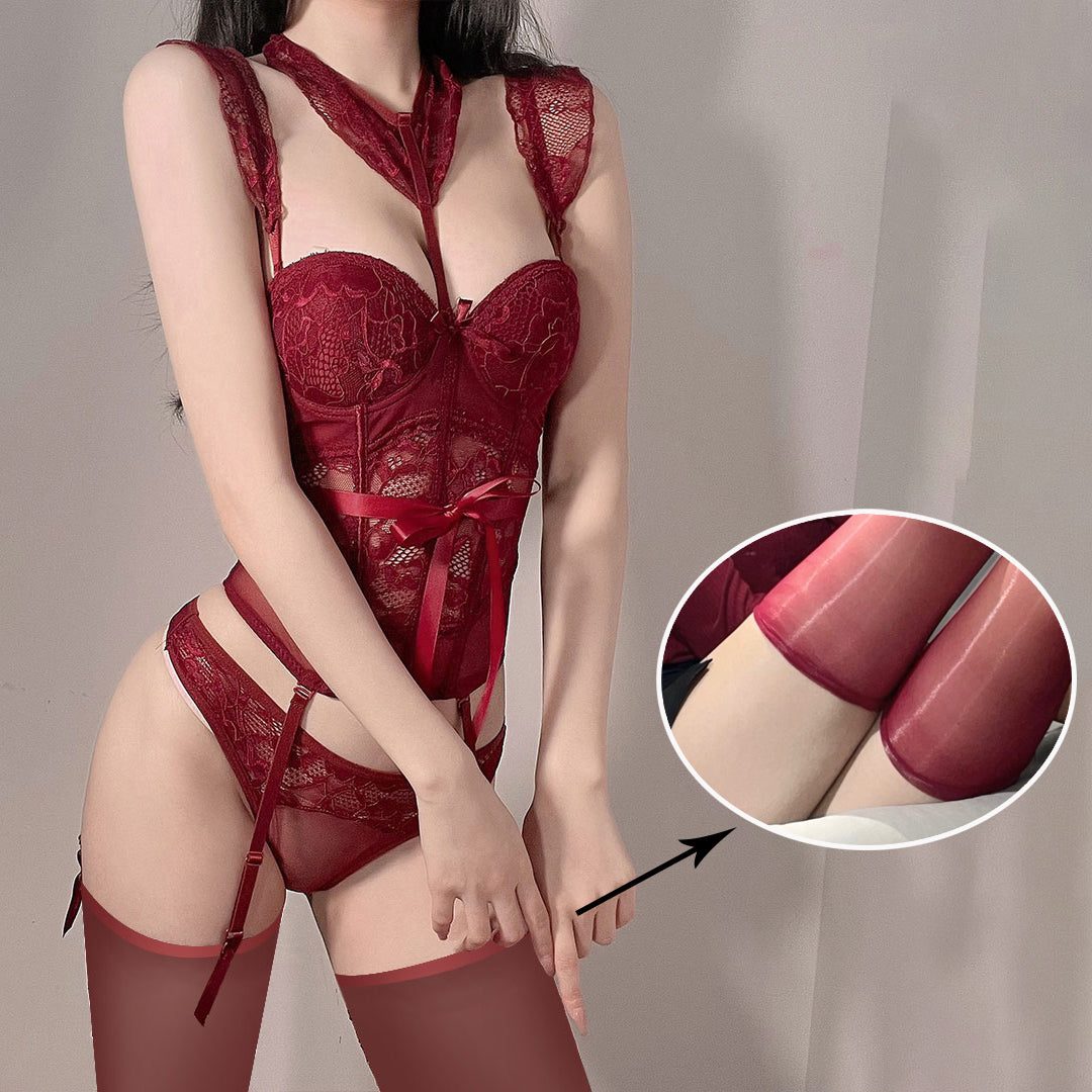 Gothic Elegance Unleashed Exquisite Burgundy Lace Lingerie Set with Suspenders and Detachable Accessories Sexy lingerie