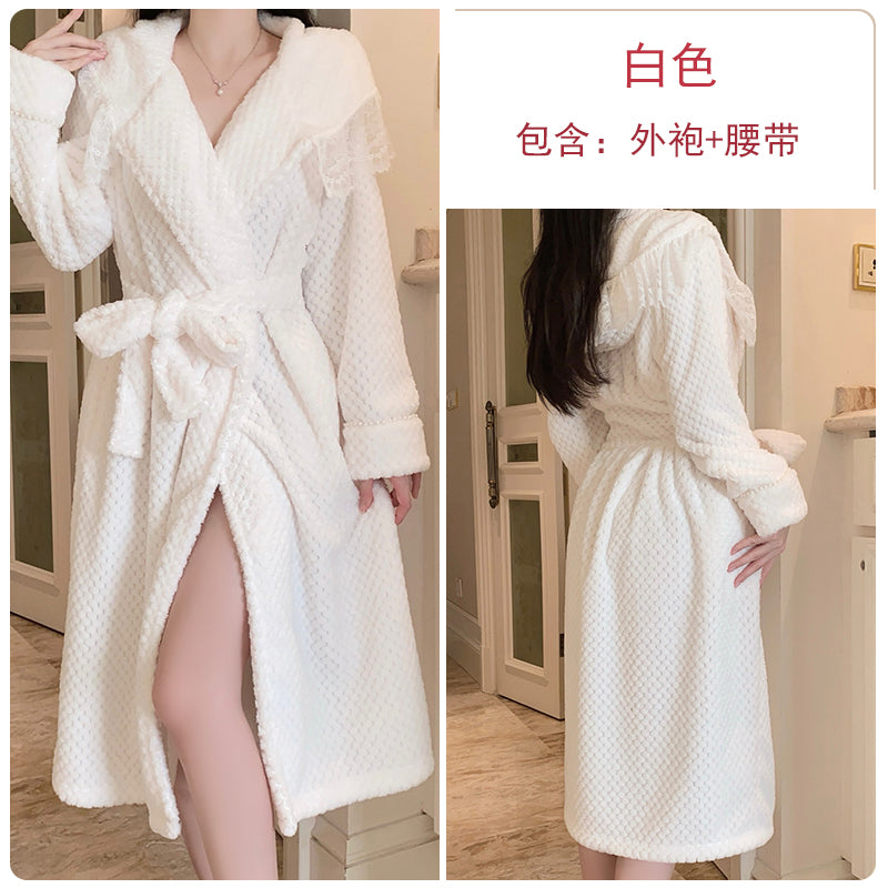 High-value autumn and winter new coral fleece morning robe pajamas for women pure desire princess style sweet nightgown home clothes suit