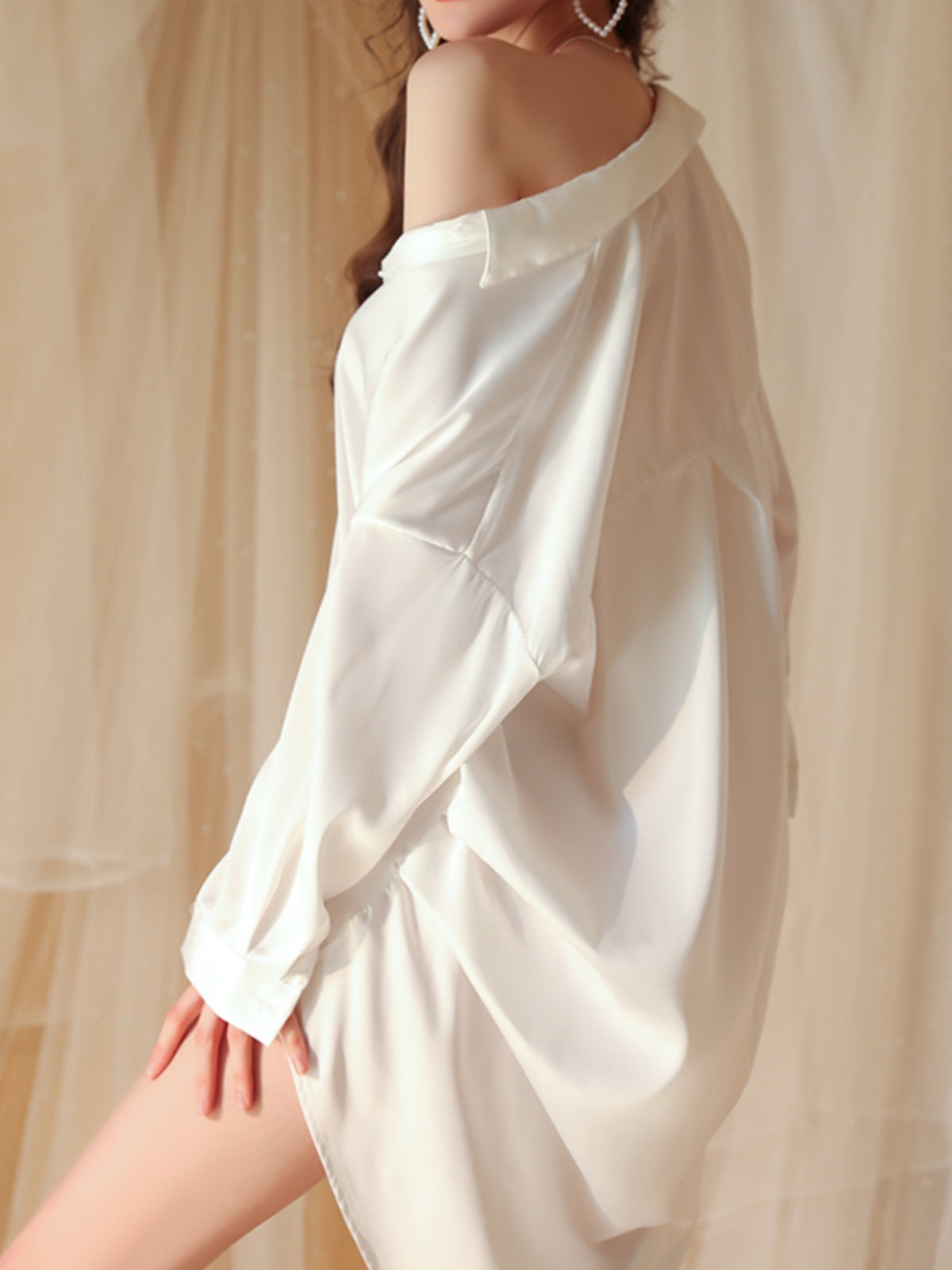 Boyfriend style pure lust sexy nightgown loose spring and summer long-sleeved mid-length shirt style plus size pajamas women's home wear