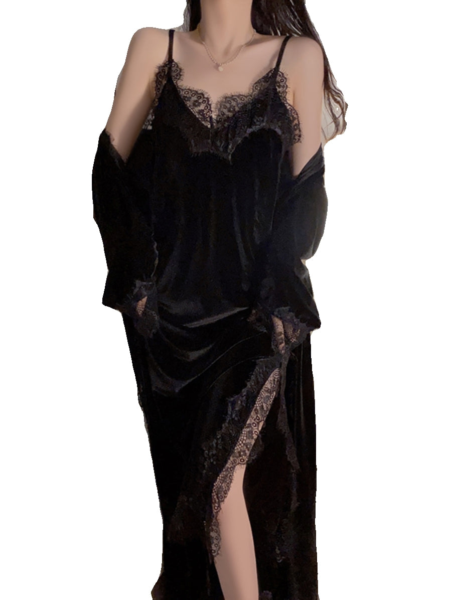Glamorous Black Velvet Cami Nightgown with Exquisite Lace Detailing and Matching Robe - Ideal for Elegant Relaxation