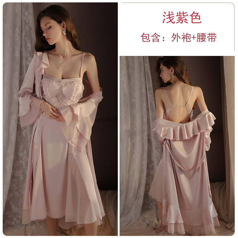 Exquisite and Graceful Cream - Colored Satin Cami Nightdress with Sheer Mesh Detailing and Flowing Matching Robe