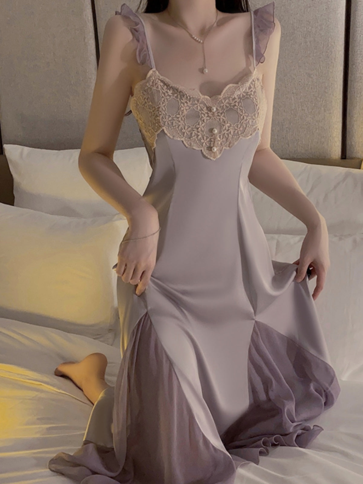 French satin pajamas, feminine lace sheer nightgown with breast pads, slim long suspender dress, home wear