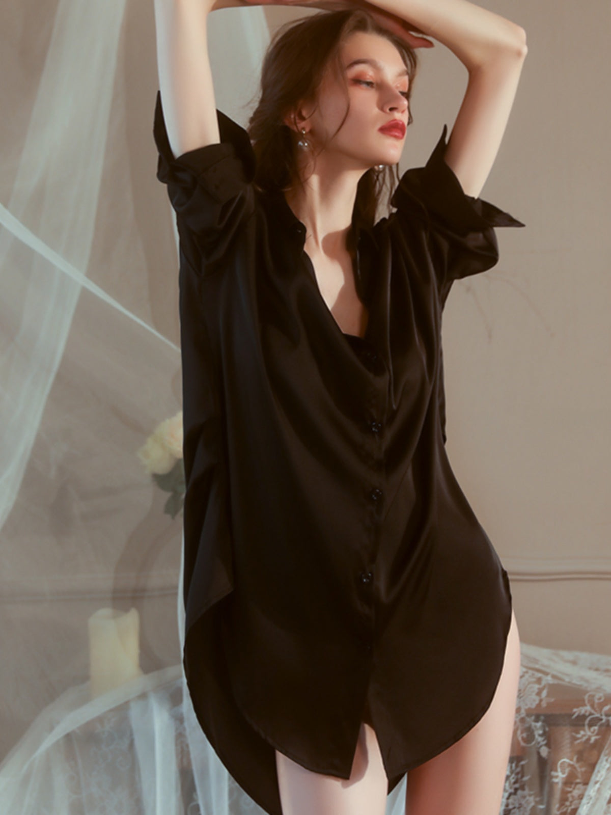 Boyfriend style pure lust sexy nightgown loose spring and summer long-sleeved mid-length shirt style plus size pajamas women's home wear