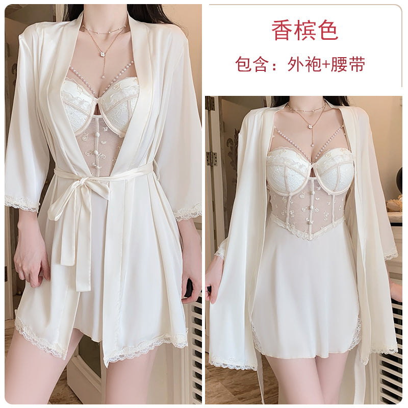New summer style ice silk pajamas female lace underwear steel ring with chest pad suspenders nightdress home clothes
